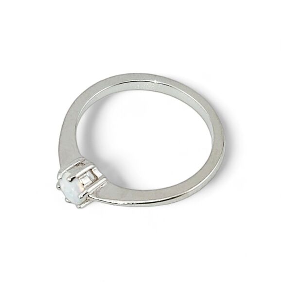 Sterling Silver 925 Round White Lab Opal Ring - Picture 2 of 4